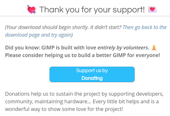 GIMP 'Thank You for Your Support' donation page