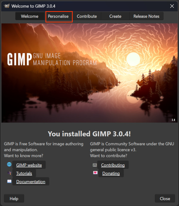 GIMP splash screen with first-time settings options